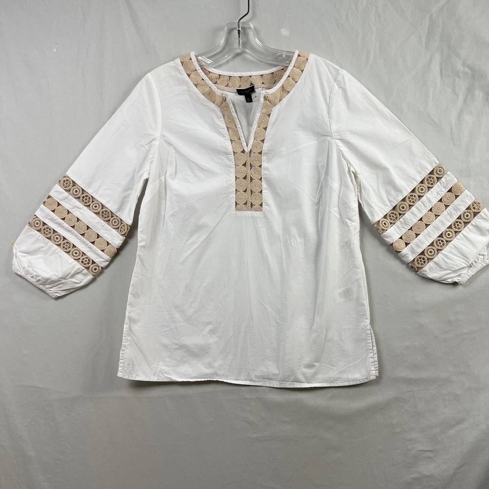 Talbots Tunic Blouse Womens XS White Crochet Trim Cotton V-Neck 3/4 Sleeve Top